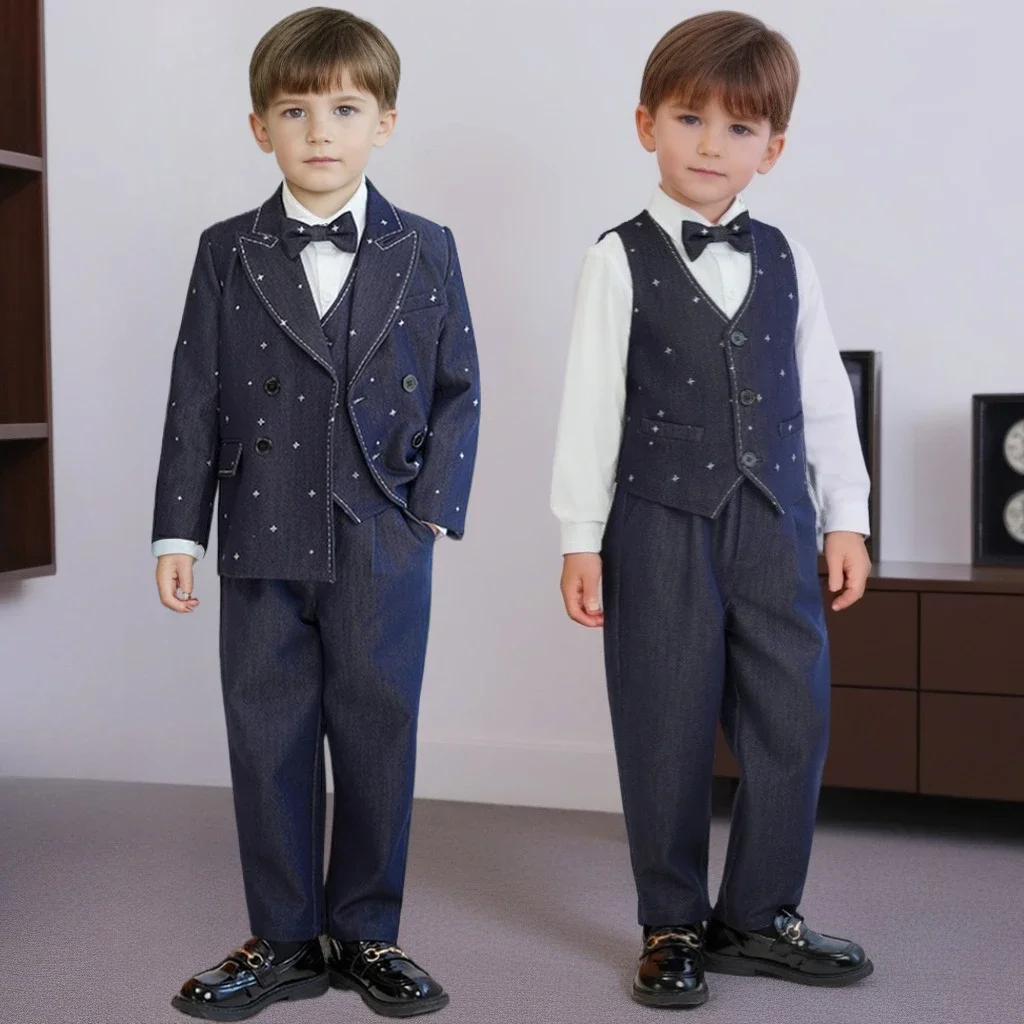 Boys Autumn British Style Suit Set Classic Vest Blazer Combo First Birthday Party Formal Attire Flower Boy Wedding Tuxedo Outfit