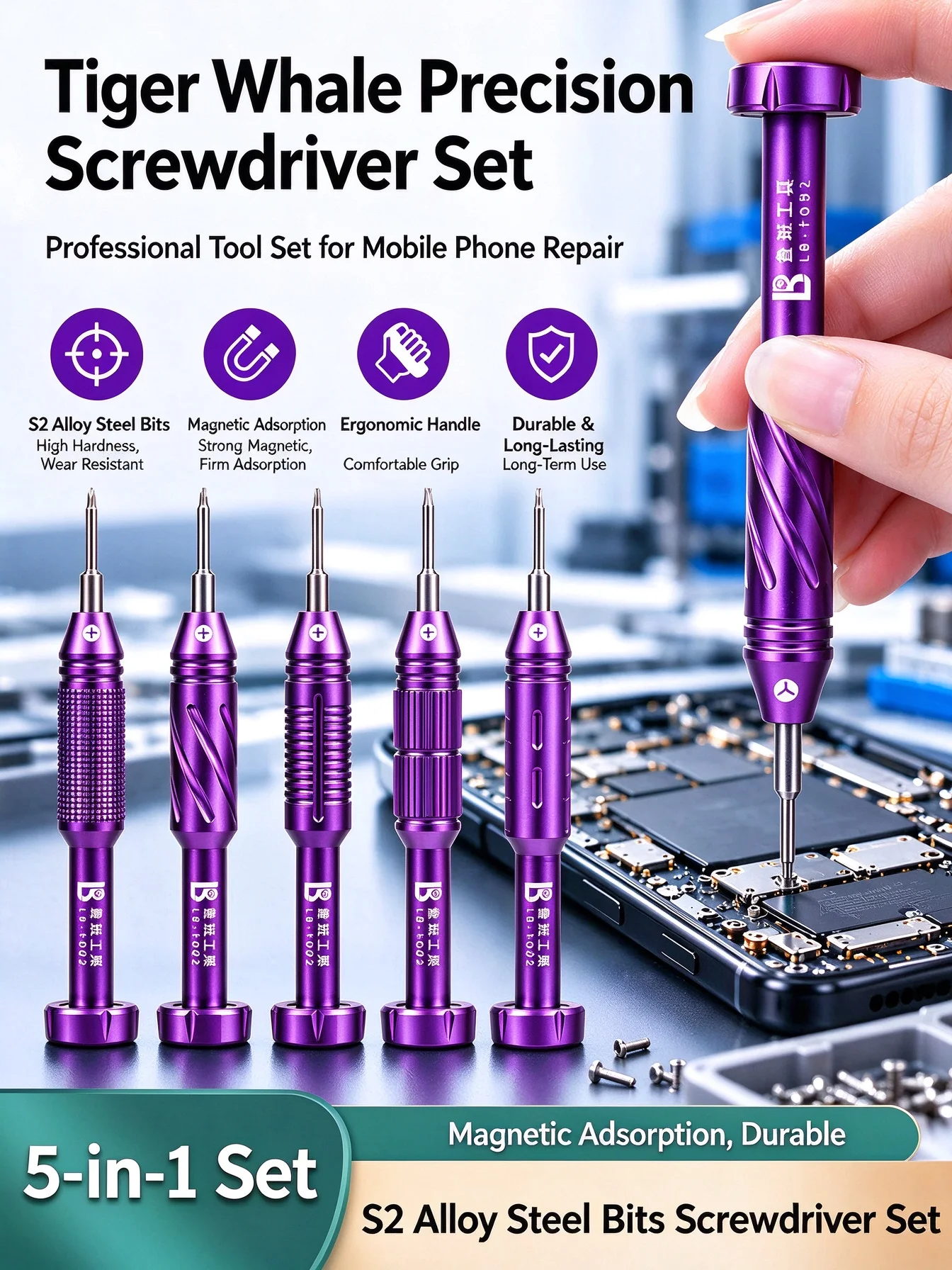 LUBAN LB-HJ2 5-in-1 Magnetic Precision Screwdriver Kit S2 Steel Bits Non-Slip Handle for IPhone Android Mobile Phone Disassembly