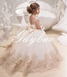 Vestidos de niña de flores para niñas pequeñas/grandes con apliques de lazo, vestido de fiesta de boda con espalda en V para niños pequeños, vestidos de desfile de primera comunión