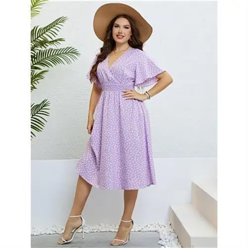 

Summer Casual Street Sle plus Size Women's Dr Tie Dye Print mid Waist ort Sve Midi Length V Ne Princ Skirt