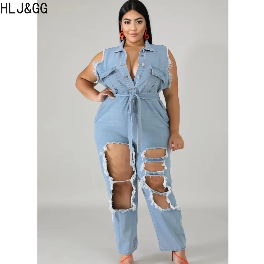 HLJ&GG Plus Size Blue Fashion Denim Hole Bandage Jumpsuits Women Turndown Collar Sleeveless Lace Up Playsuits Female Overalls