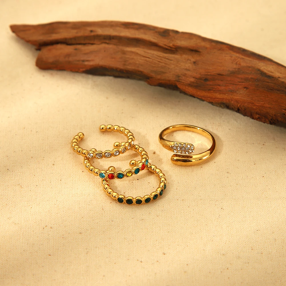 Minimalist Metal Beads Ring Stainless Steel PVD 14K Gold Plated Colorful Stone Paved Bypass Open Ring Chic Fashion Jewelry Gift