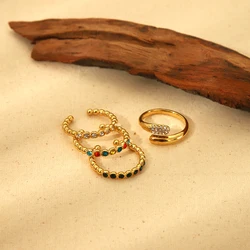 Minimalist Metal Beads Ring Stainless Steel PVD 14K Gold Plated Colorful Stone Paved Bypass Open Ring Chic Fashion Jewelry Gift