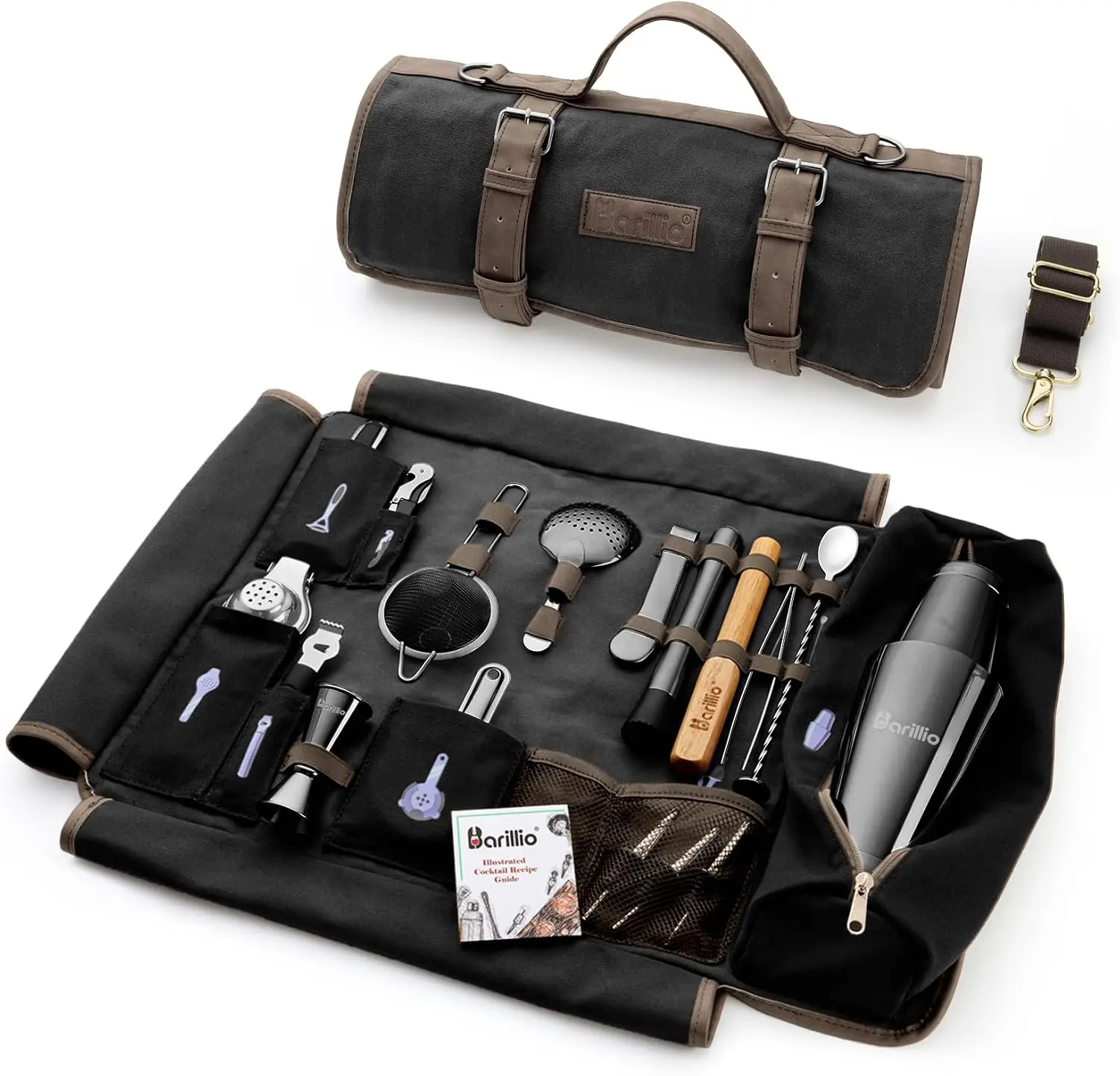 Bartender Kit Bag with Black Cocktail Shaker Set - Waxed Canvas, Traveling Bar Tools Bag with 17-Pc Cocktail Kit - Travel Mixolo