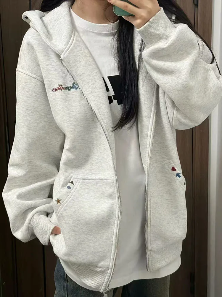 Letter Embroidery Hoodies Women Autumn Streetwear Loose Long Sleeve Zipper Sweatshirts Y2K Vintage 2000S Punk Casual Jacket