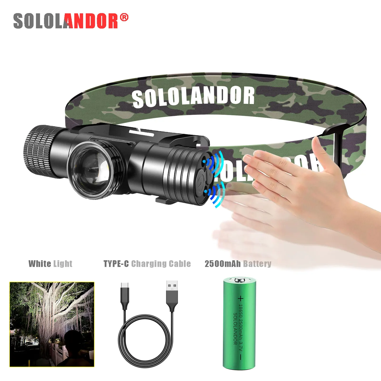 

1PC SOLOLANDOR White LED Zoomable Sensor Headlight USB C Flashlight Battery Headlamp Hunting Head Light Outdoor Adventure Lamp