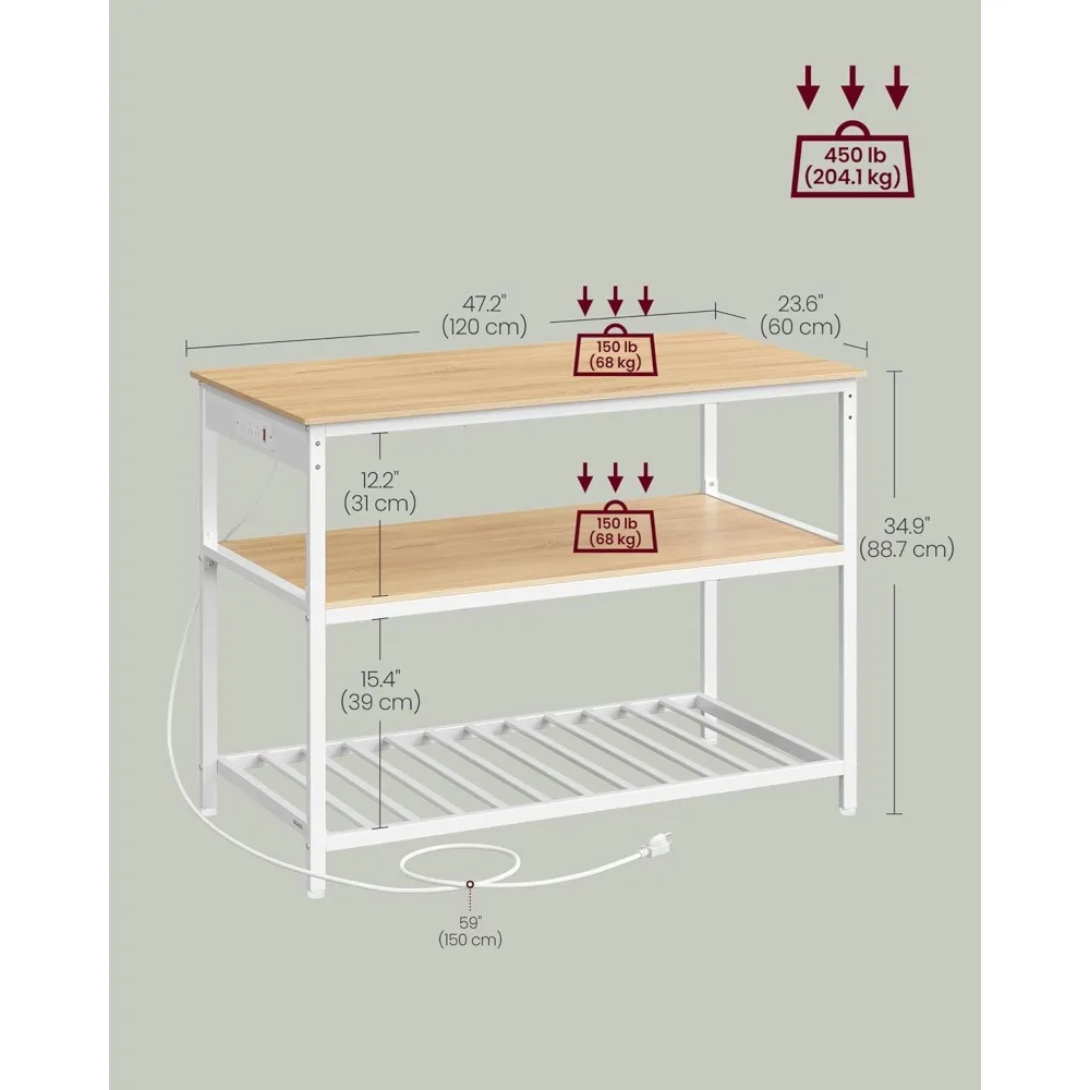 جزيرة مطبخ كبيرة مع أرفف من 3 طبقات، شريط طاقة متضمن، 23.6 × 47.2 × 34.9، سطح عمل واسع، إطار معدني