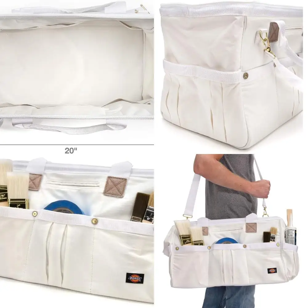 

20 Canvas Tote Bag - Sturdy for Artists, Woodworkers, & Contractors, Strong Zip, Reinforced Grips, Pockets, Adjustable Strap, Wh