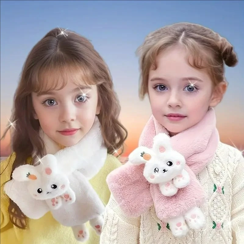 Boys Girls Winter Scarfs Thick Plush Cross Children\'s Scarf Baby Bib Cute Cartoon Rabbit Faux Fur Neck Protection Warm Shawl