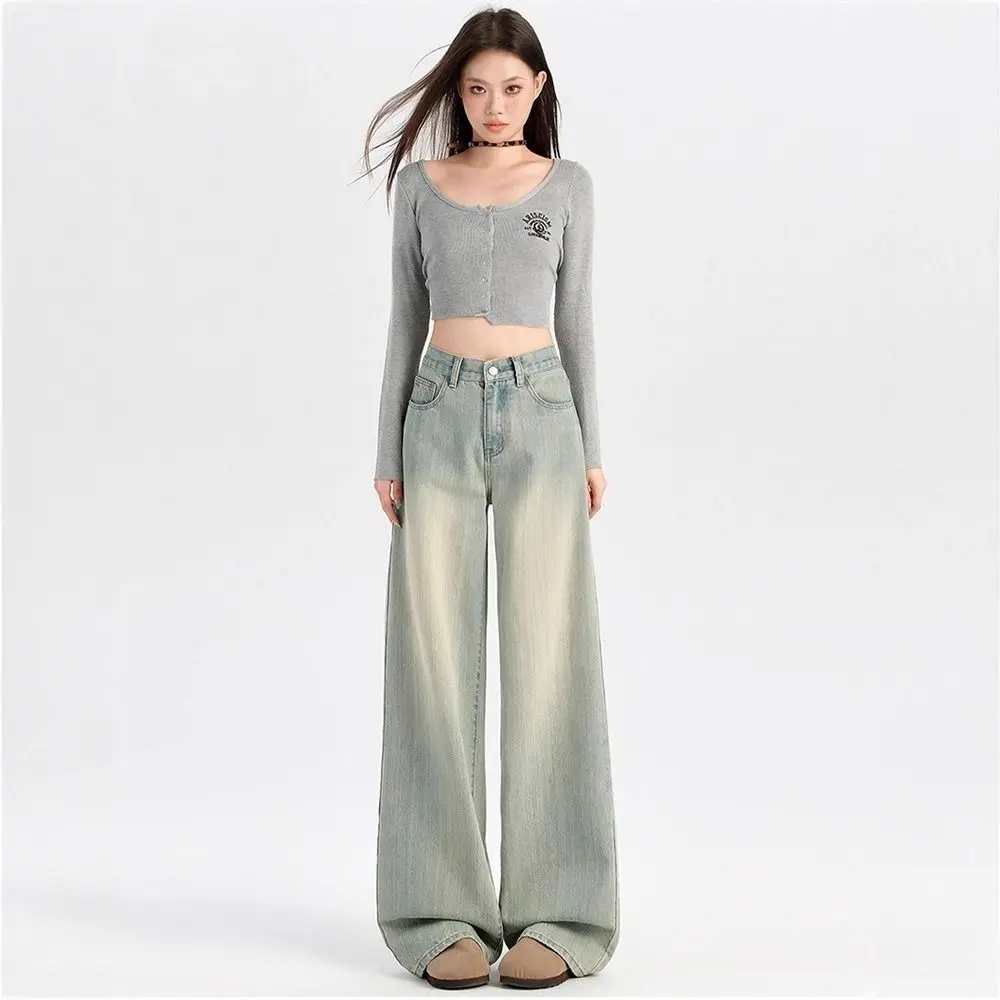 Women's New Summer Light-Wash High-Waist Wide Leg Jeans, Loose Straight Narrow-Fit Draped Long Pants for Petite Figures