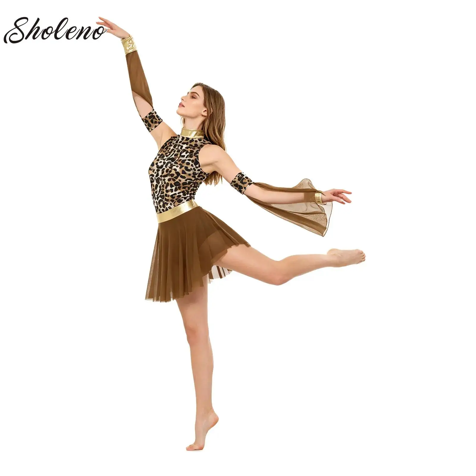 

Prehistoric Cave Stone Halloween Carnival Cosplay Costume Women Leopard Print Metallic Glossy Dress Matched Oversleeves Set