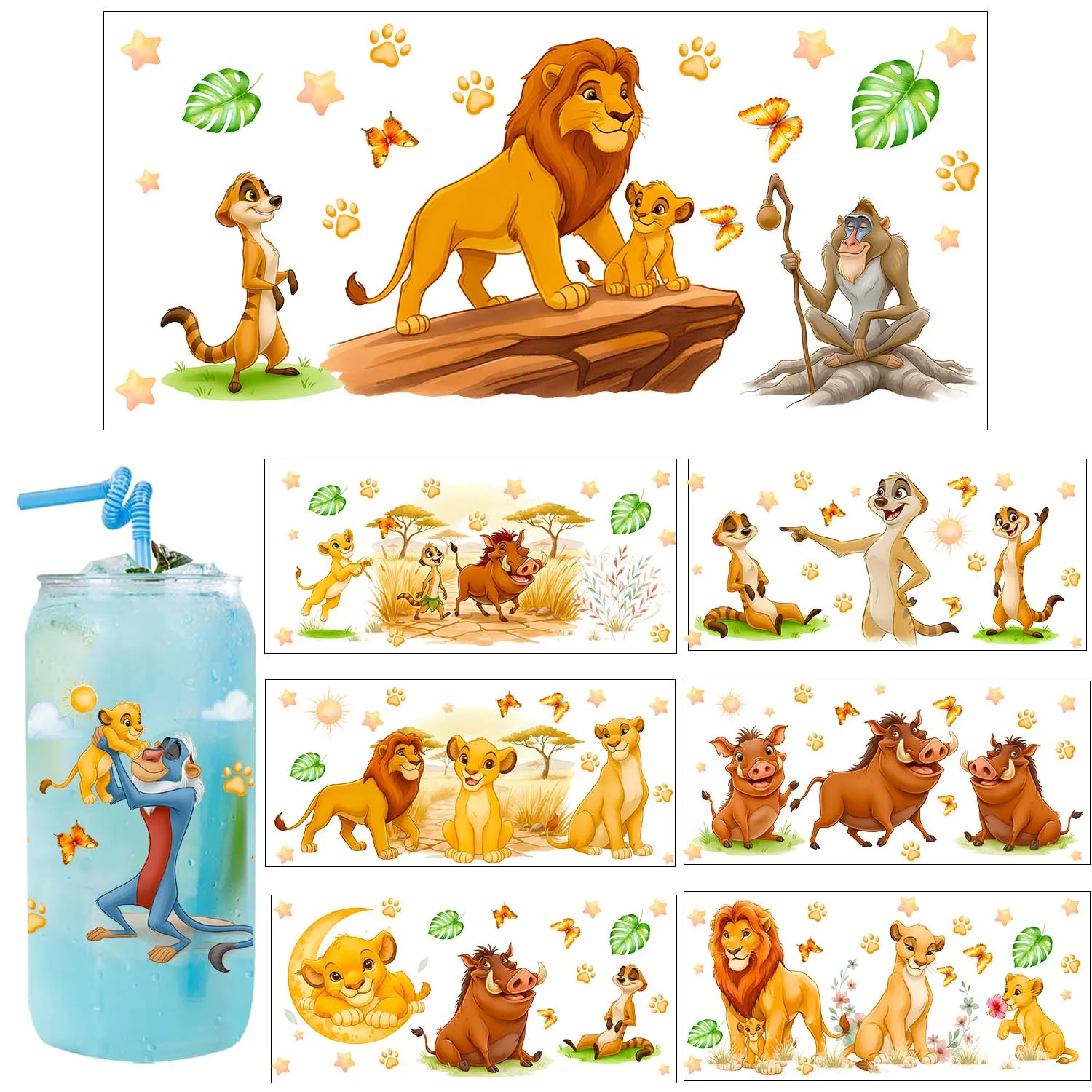 5PCS Bundle Cute Simba Cartoon UV DTF Transfer Sticker DIY Decals 3D transfers uvdtf stickers 16oz uv dtf cup wraps