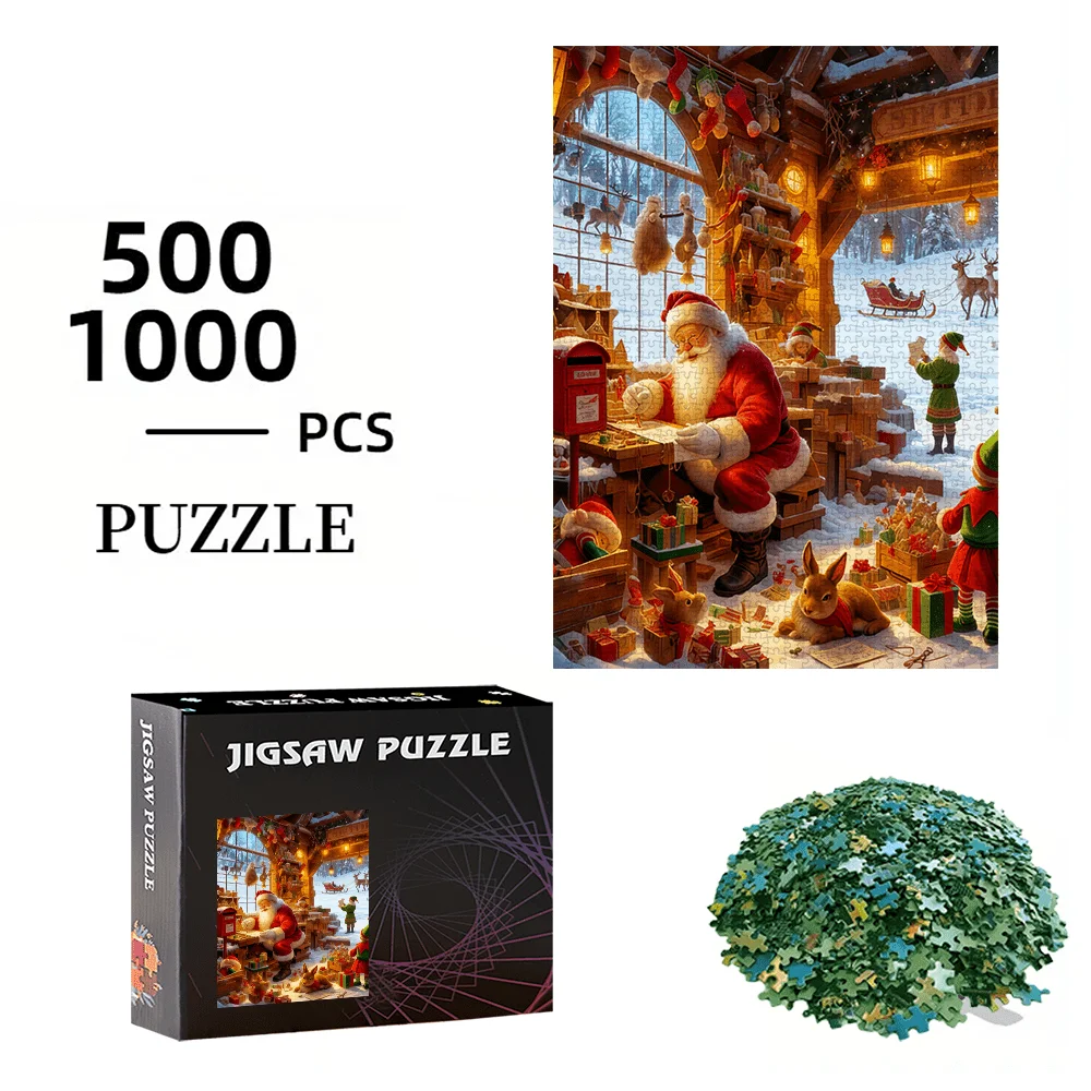

Cozy Santa's Workshop Christmas Jigsaw Puzzle Adult Holiday Theme Intellectual Game Home Leisure Festive Decor Puzzle Toy