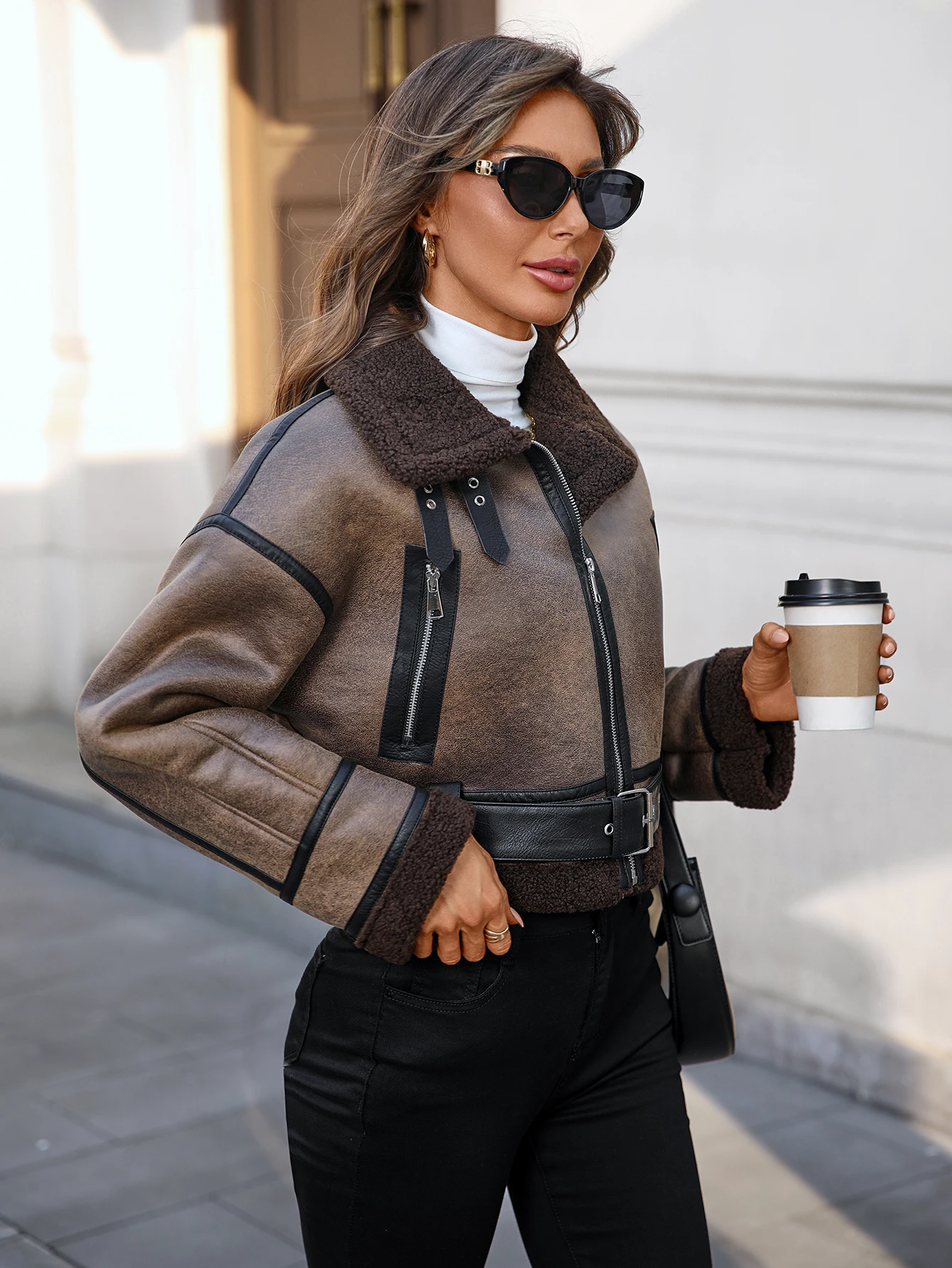 سترة نسائية من الجلد الصناعي من Sherpa Motor معطف مقصوص من Bomber Aviator #3