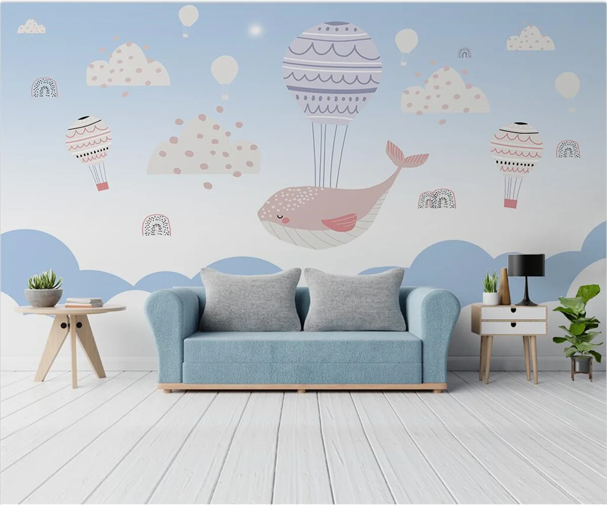 

cartoon photo wallpaper modern minimalist hand painted children's room dolphin hot air balloon bedroom decoration 3d wallpaper