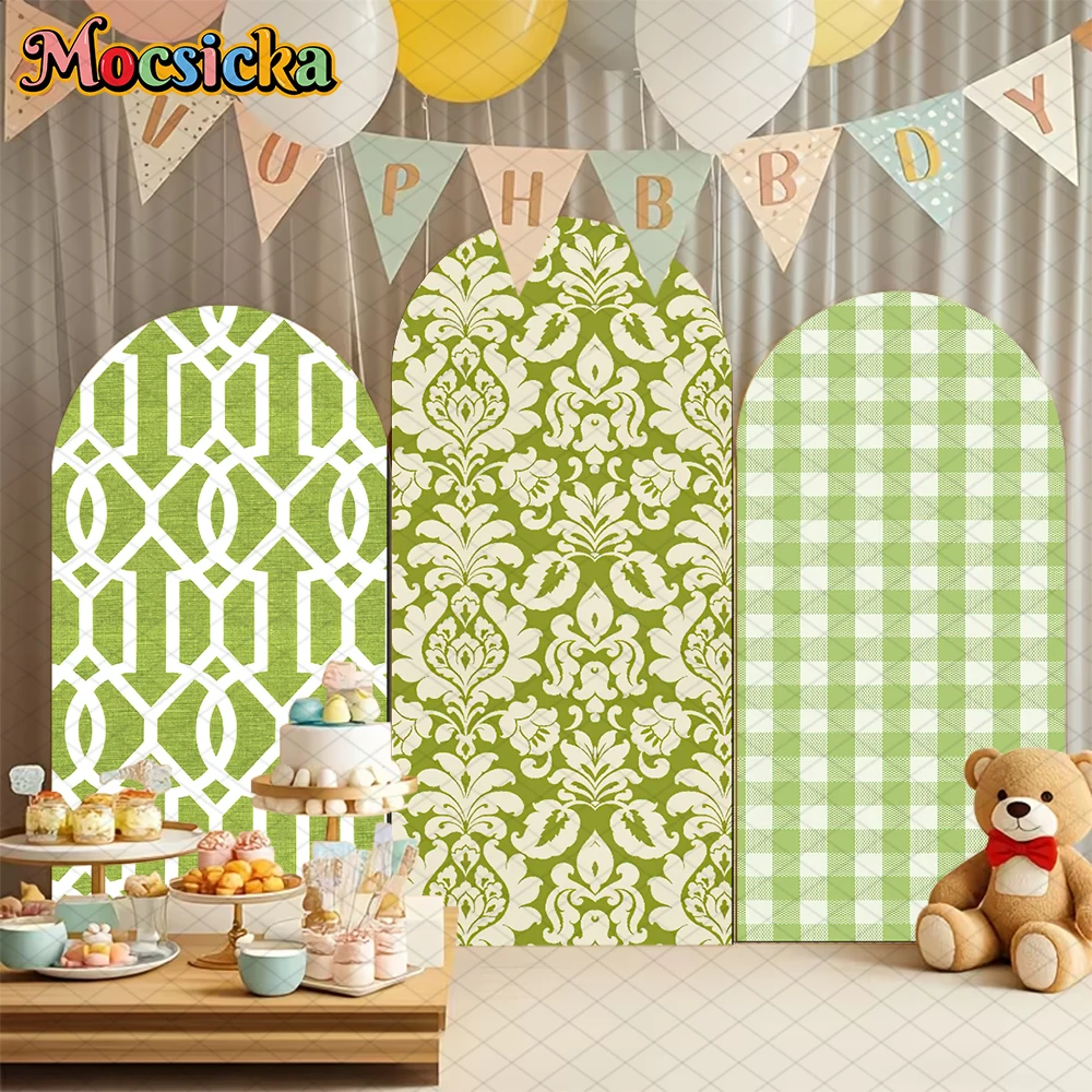 

Mocsicka Green Arch Cover Background Kid Baby Shower Party Photo Arched Backdrop Flower Grid Geometry Pattern Decor Studio Props