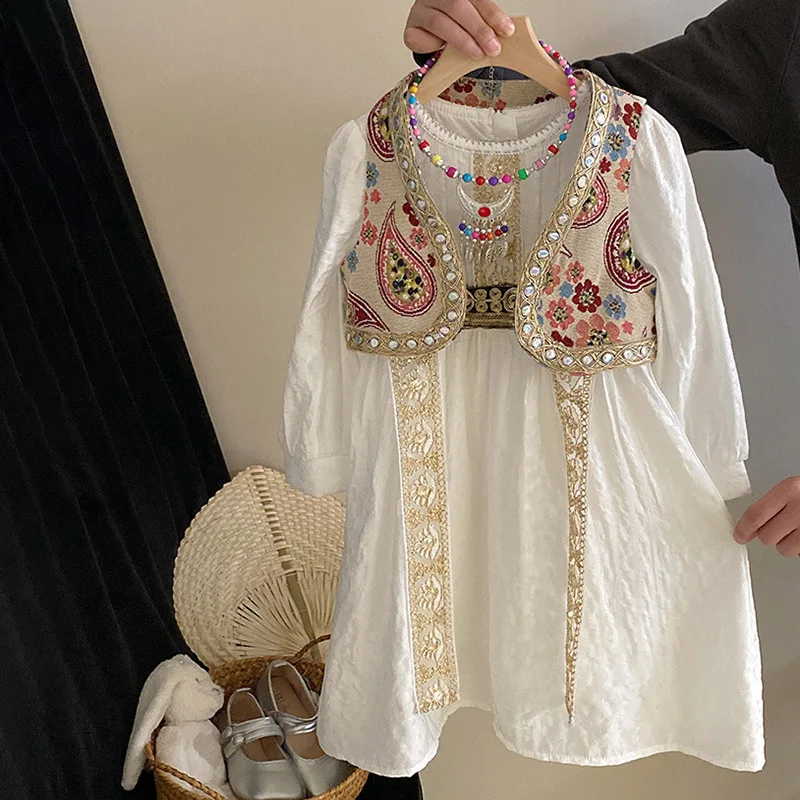 HoneyCherry Girls Dress Set New Girls Ethnic Style Dress Vintage Printed Vest Set Princess Dress for Girls Kids Clothes