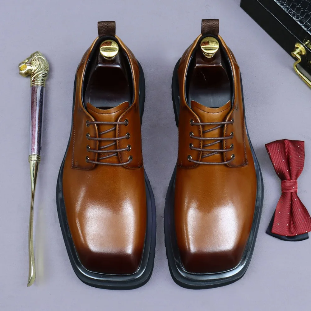 

Men's Wedding Shoes | Square-Toed, Genuine Leather, British Style, Thick-Soled Breathable Elevator Formal Casual Leather Shoes
