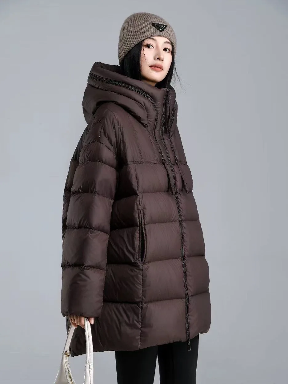 Chaqueta acolchada con capucha y cremallera para mujer, diseño elegante de invierno, chaqueta de plumón de pato blanco, Parka holgada gruesa de medio a largo