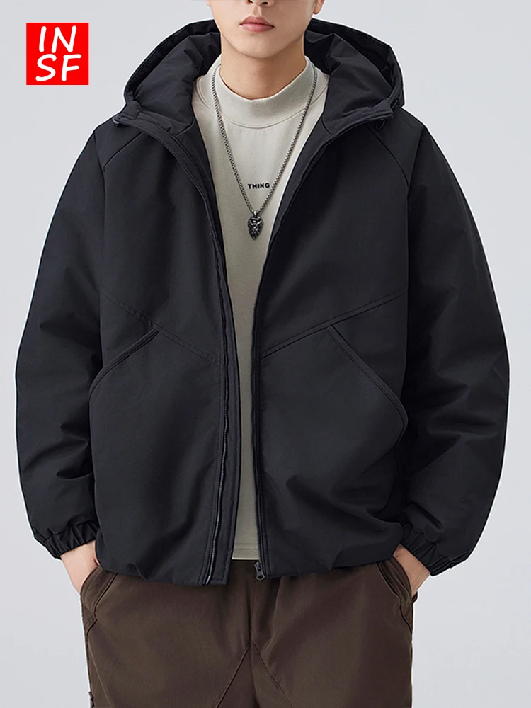 

Водонепроницаемая куртка с капюшоном мужская свободного кроя, повседневная молодежная модная уличная одежда, осенне-зимнее черное пальто, теплое и комфортное, из полиэфирного волокна