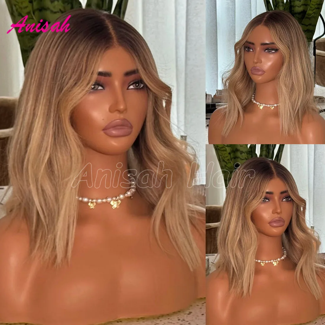 Ash Blonde Balayage Ombre Natural Wave Short Bob Human Hair Wig  Lace Front Glueless Wigs Preplucked Hairline