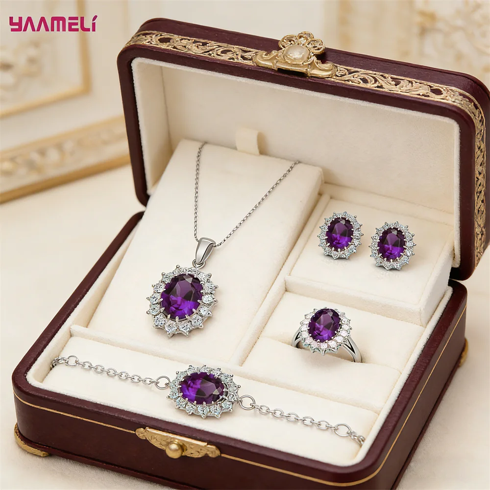 

Oval Gemstone Bridal Jewelry Set 925 Sterling Silver Necklace Earrings Ring Bracelet for Women Wedding Party