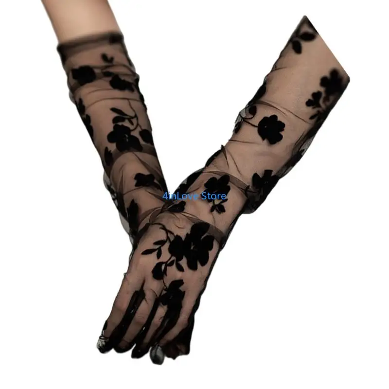 T4MD 2pcs Sheer Lace Arm Length Gloves Wedding Women Fancy Short Tulle Mittens for Proms and Themed Parties