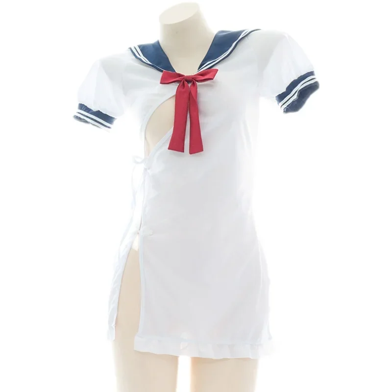 

Janpanese Sexy Lovely Women Sailor Cosplay Cheongsam Sweet Girl High Fork Night Skirt Red Bowknot Bandage White Pajamas