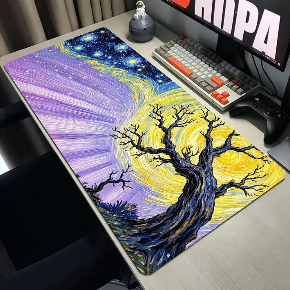 Purple starry sky and withered tree Mouse Pad Desk Mat with Stitched Edge XXL Mousepads Rubber Anti-slip Keyboard Rug Gaming Mat