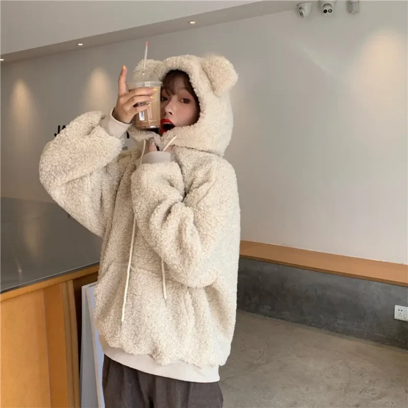 Women  Hoodie Fleece Jacket Girls Solid Loose Faux Lamb Wool Long Sleeve Zipper Hooded Sweatshirt Coat with Pocket
