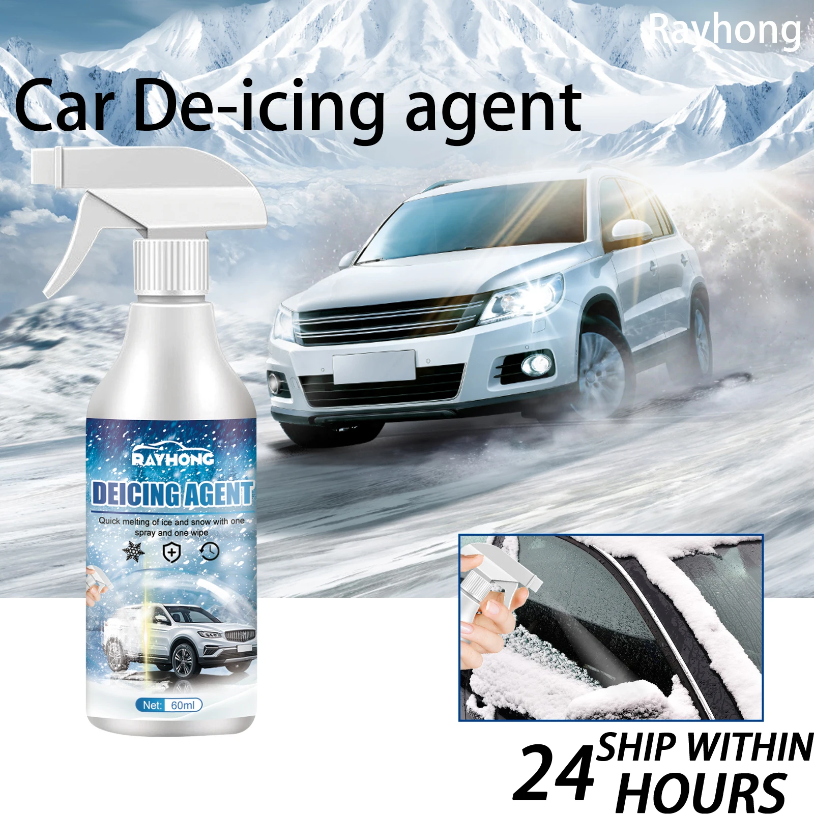 Rayhong Fast Acting Car Deicer Spray 60ML Windshield Ice Melter for Instant Snow Removal Anti Freeze Winter Car Care with