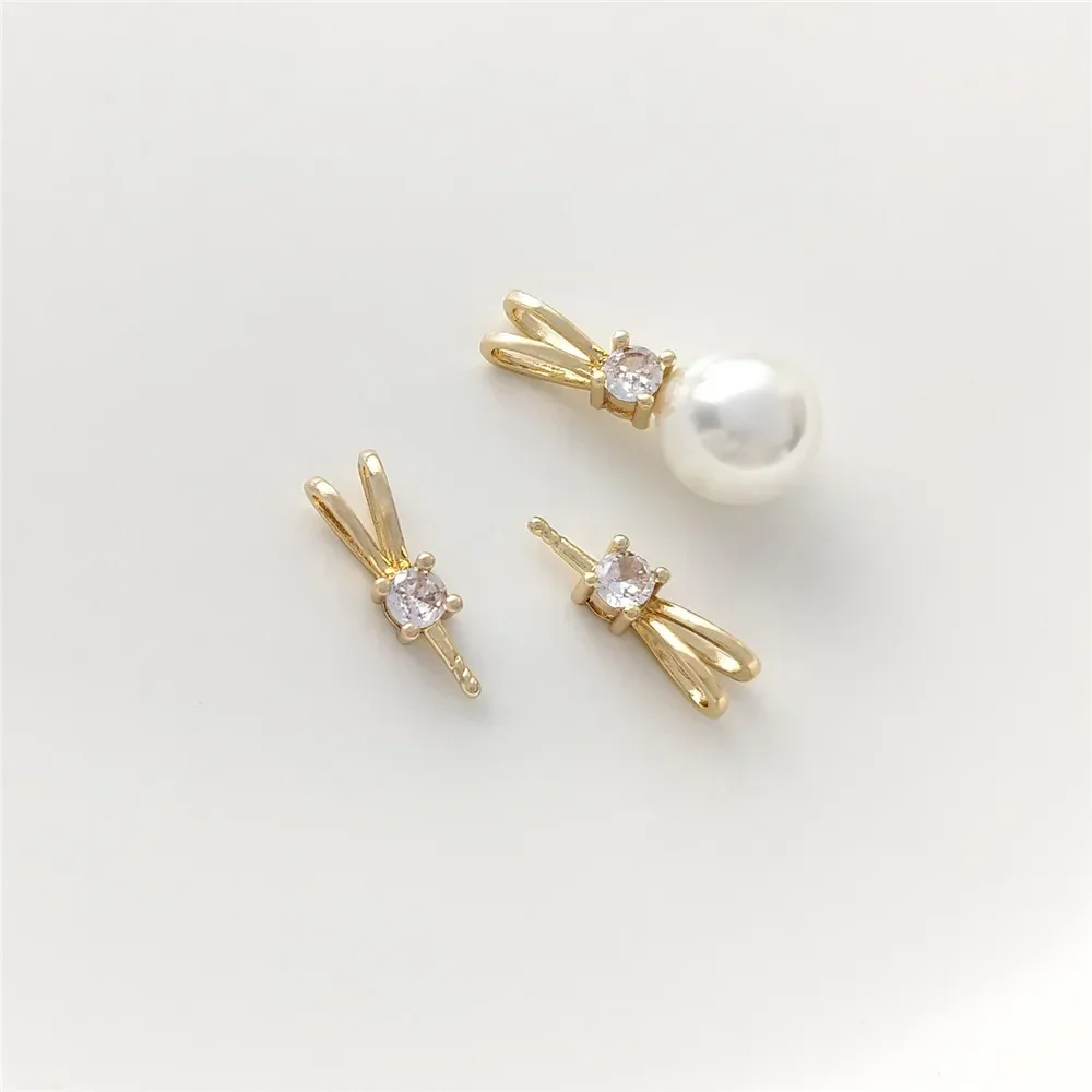 

14K Gold Plated Zircon Double Ear Rabbit Style with Needle Sticking Half Hole Pearl Holder Hanging Pearl Holder DIY Accessories