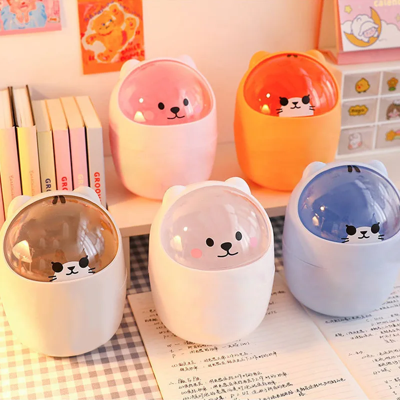 Ins Trash Can Organizer Ins Desktop with Lid Kawaii Cute Bear Trash Bin Storage Box Girl Pen Holder Storage Bucket with Flip Top