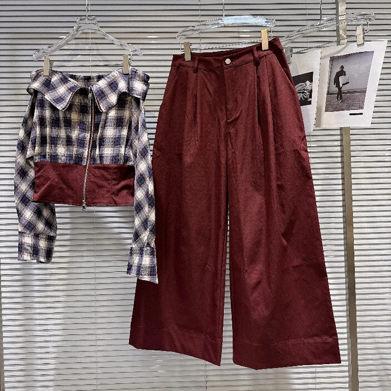 

Новинка осени 202, популярная рубашка в стиле ретро для девочек с открытыми плечами и сеткой на талии, рубашка на молнии + однотонные широкие брюки, комплект из двух предметов