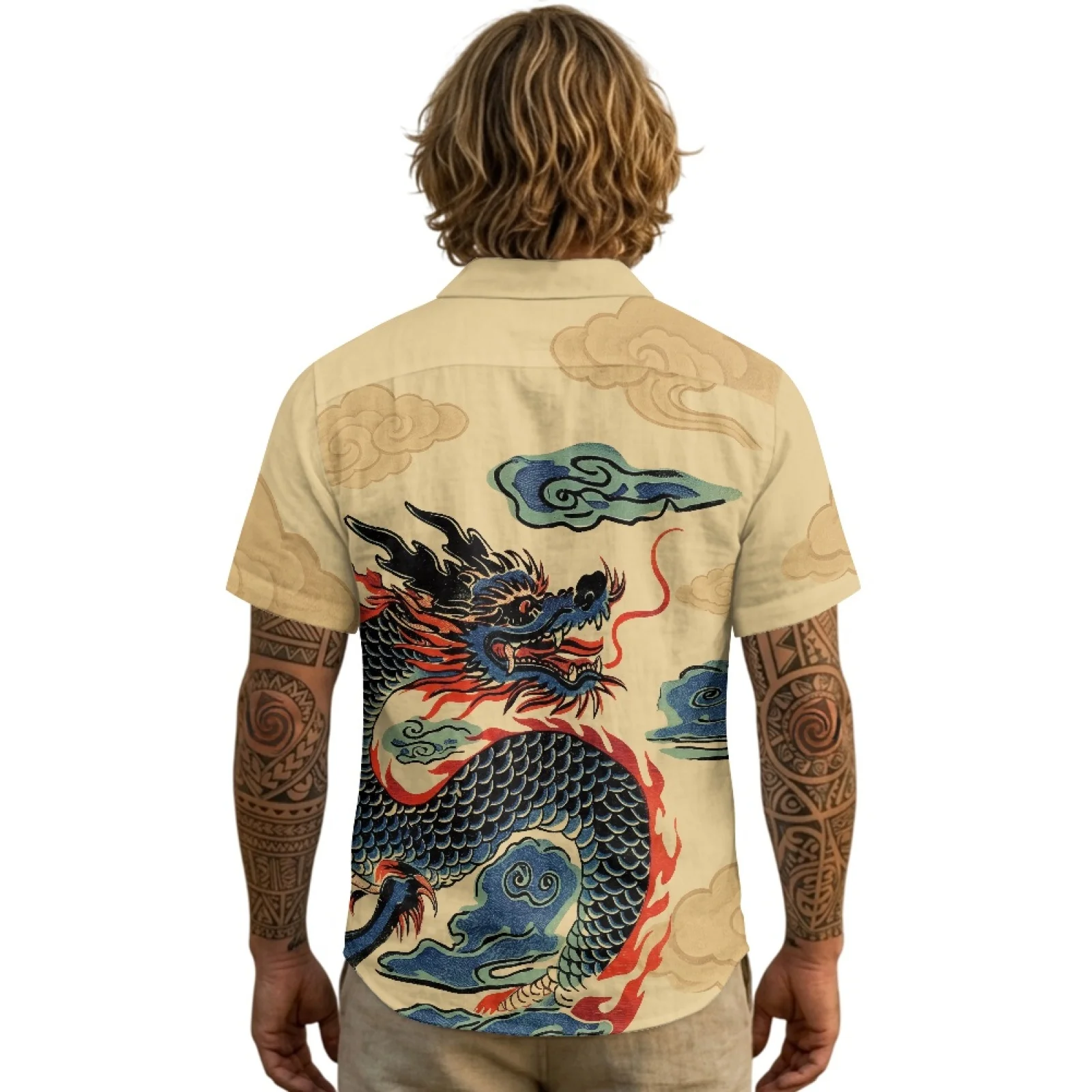 PENSTROLL Breathable Linen Like Button Down Shirt Single Breasted Tank Top T shirt for Summer Dragon Cloud Print
