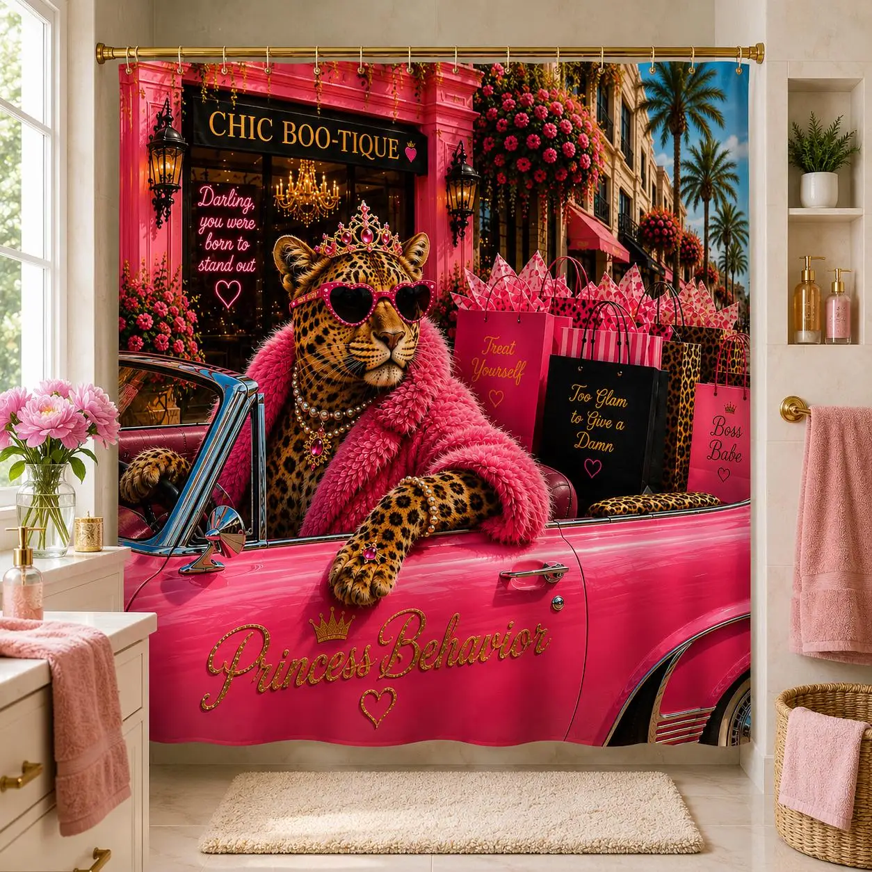 Princess Behavior Pink Car Bathroom Shower Curtain Novelty Pop Culture Decor for Bathroom Vanity Area