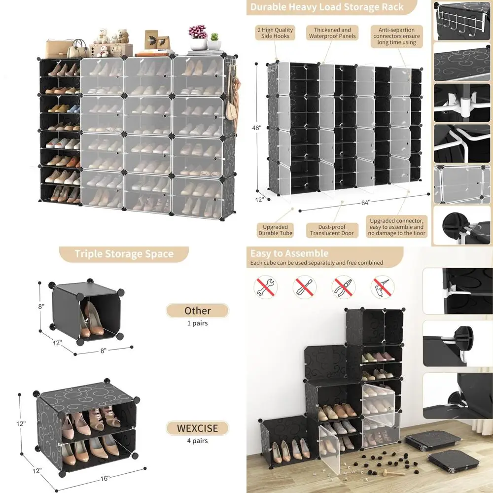 

Полка для обуви на дверном шкафу, 64 пары, простая сборка, пластиковый регулируемый органайзер для хранения, штабелируемый, съемный, расширяемый, 8-уровневый B