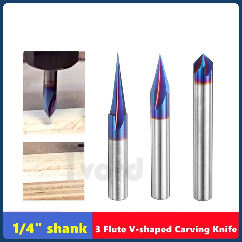 

1/4 Inch Shank 3 Flute V-shaped Carving Knifer, 15/30/60/90 Degrees Chamfering End Mill HRC93 Carbide CNC Router Bit