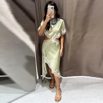 HXAO Asymmetric Satin Lace Dress Women's Dress Summer 2026 Sexy Midi O-Neck Batwing Short Sleeve Cut Out Vestidos Party Dresses 4