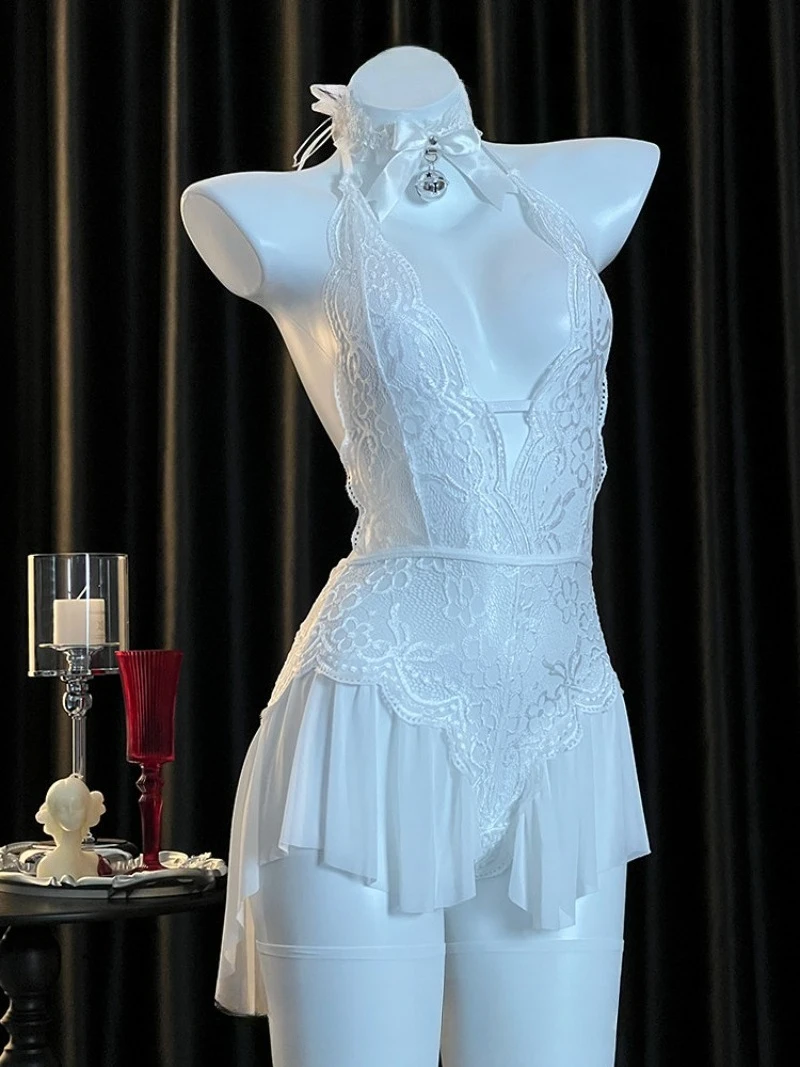 Uwodzicielska i zmysłowa sukienka z koronkowymi wycięciami dla kobiet, odkryte plecy, głęboki dekolt w kształcie litery V, wiązana na szyi, jednoczęściowa, idealna na namiętną noc.