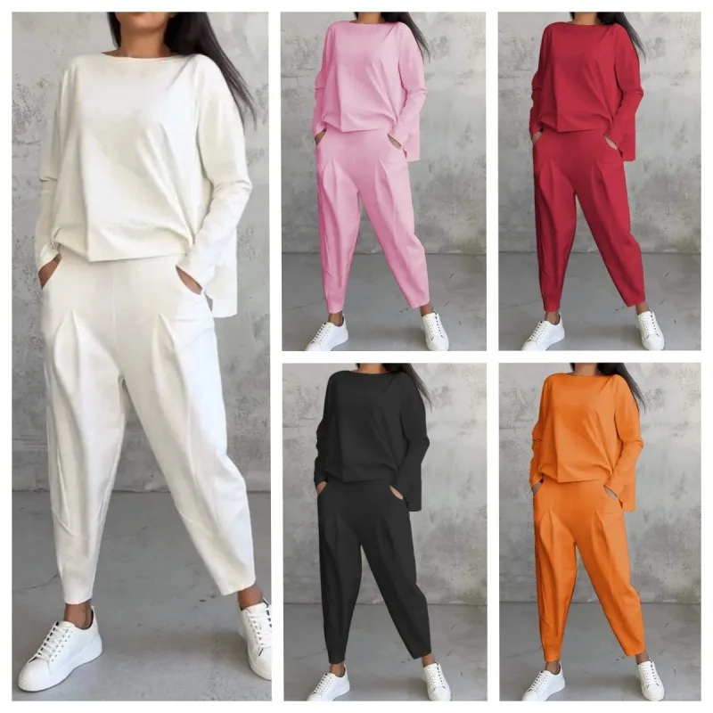 

European and American Women's Solid Color Round Neck Long Sleeved Suit Women's Pocket Pants Long Pants Women's Pants