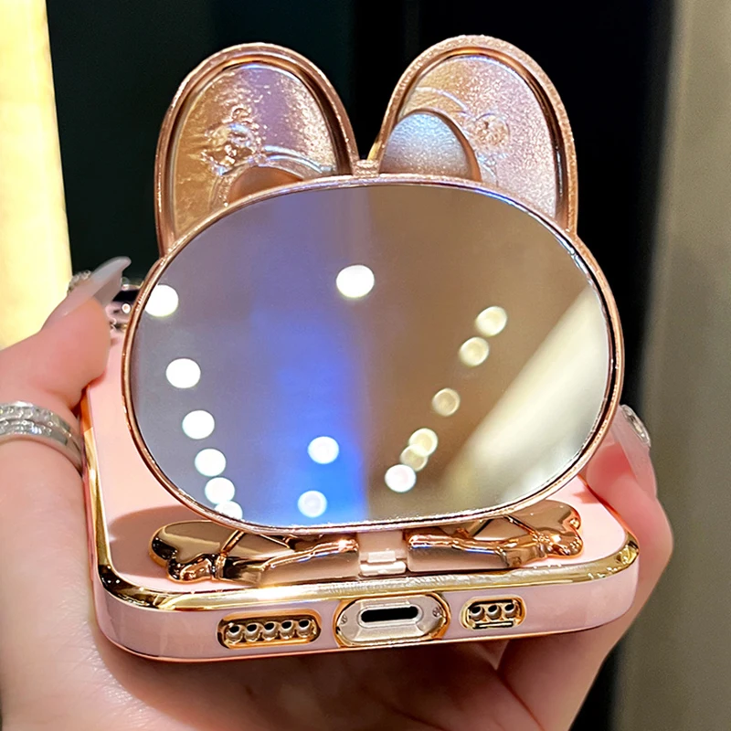 A 79 Flower Strap Rabbit Makeup Mirror Phone Holder Case On For Oppo A79 A2 5G OppoA79 Girl Woman Stand Cover