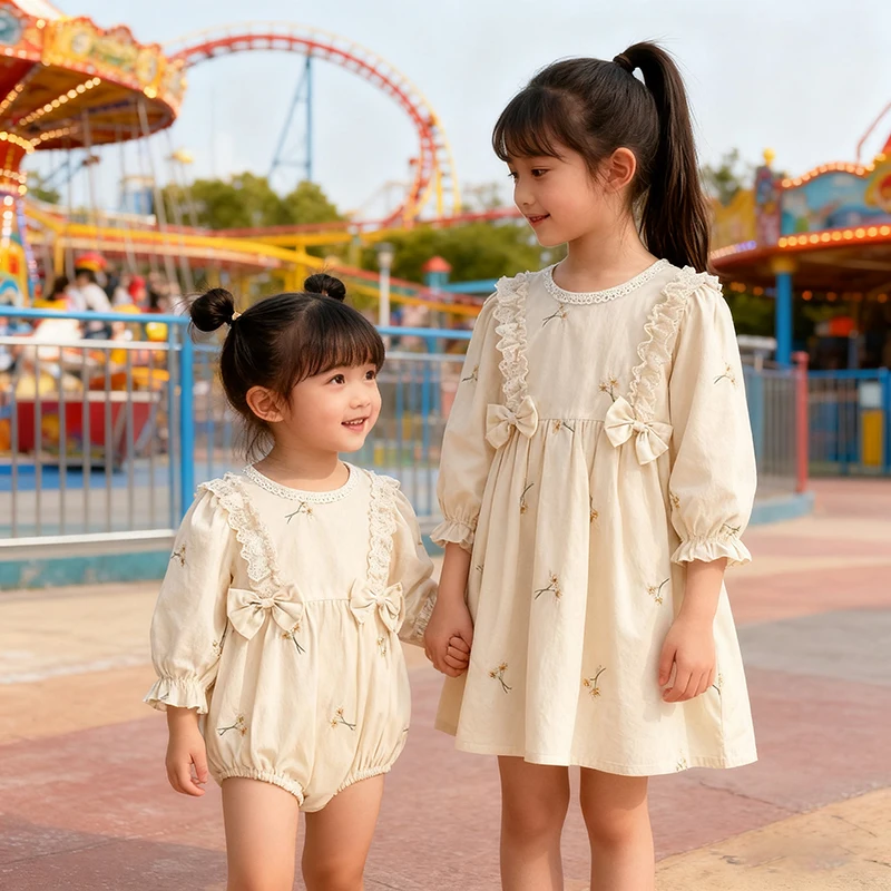Autumn Spring 2-6Y Girl Party Dress Baby Girl Romper Long Sleeved Bow Embroidery Kids Princess Dress Sister Birthday Sweet Dress