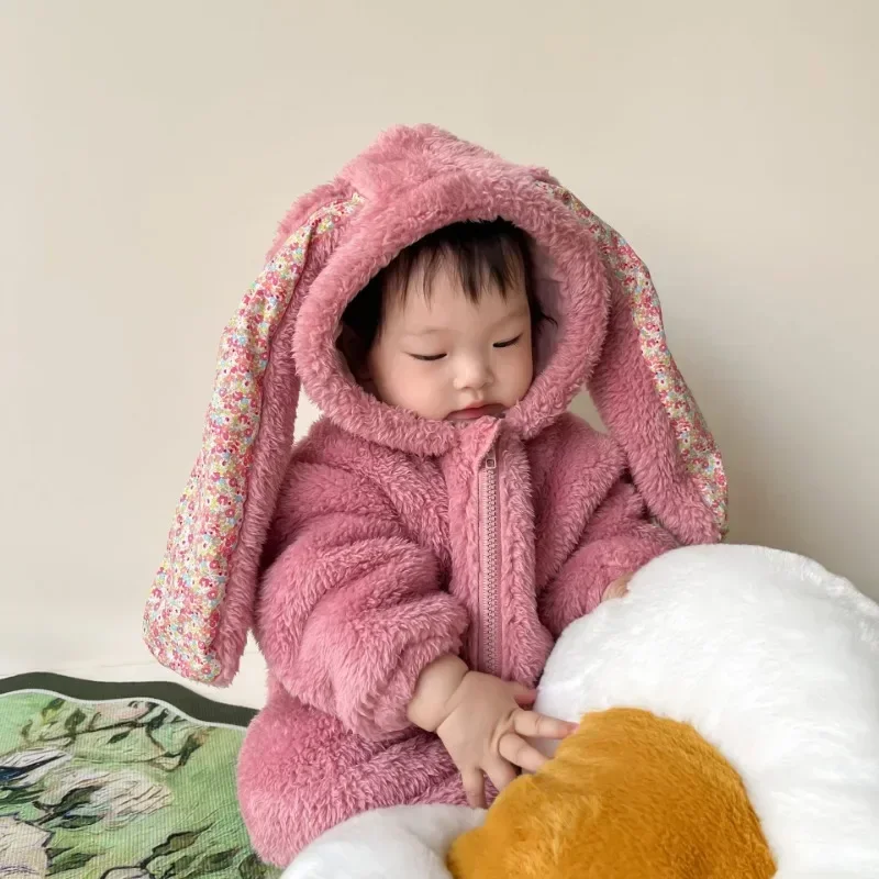 

Winter Baby Girls Boys Rabbit Romper Slouchy Comfortable Zipper Newborn Jumpsuit Hooded Pajamas Baby Boys Plush Homewear Outfits