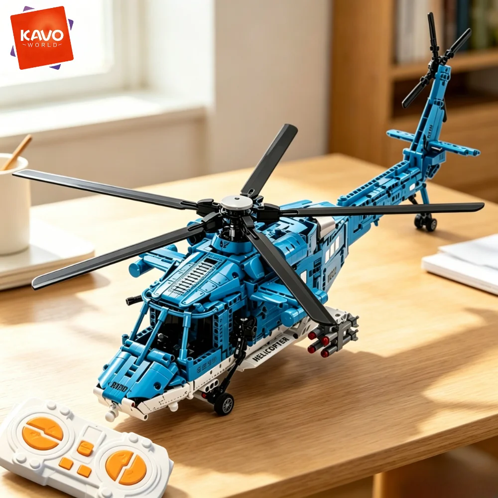 KAVOWORLD 1521PCS Blue Helicopter Building Toys Set Remote Control Realistic Airplane Model with Working Landing Gear Rotating Rotors Missiles Cockpit and Equipment Systems DIY Assembly Bricks for Teenagers Ideal Birthday Christmas Gift for Airplane Fans