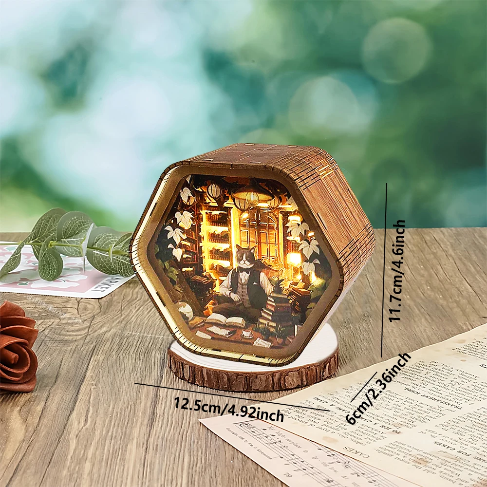 3D Wooden Book Nook Shelf Insert with LED Light - Vintage Cat Library Scene, DIY Bookshelf Decor, Gift for Book Lovers - Detail 1