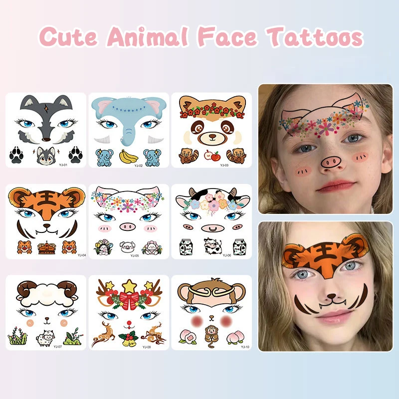 10 Sheets Animal Temporary Face Tattoo Sticker Set For Kids Water Transfer Rabbit Tiger Floral Body Paint Sticker