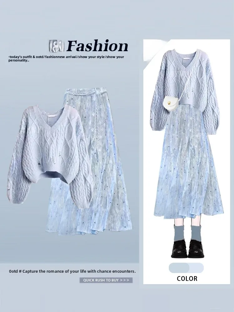 

Осенне-зимний вязаный синий ленивый свитер с цветочным принтом f Юбка с кружевным поясом Юбка трапециевидной формы Комплект Fre Sle round Ne Long Sve Women...