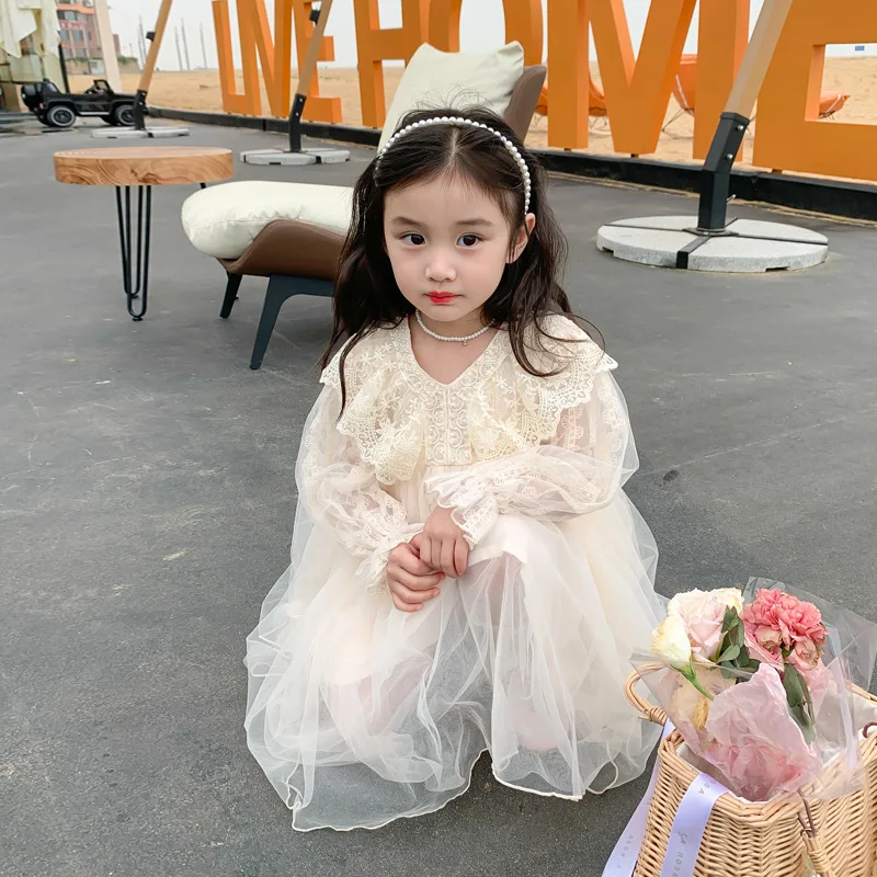 

New Kids Dresses For Girls 2023 Spring Baby Sweet Long Sleeve V-neck Lace Wedding Princess Dress For 2-7 Years Girl Clothes