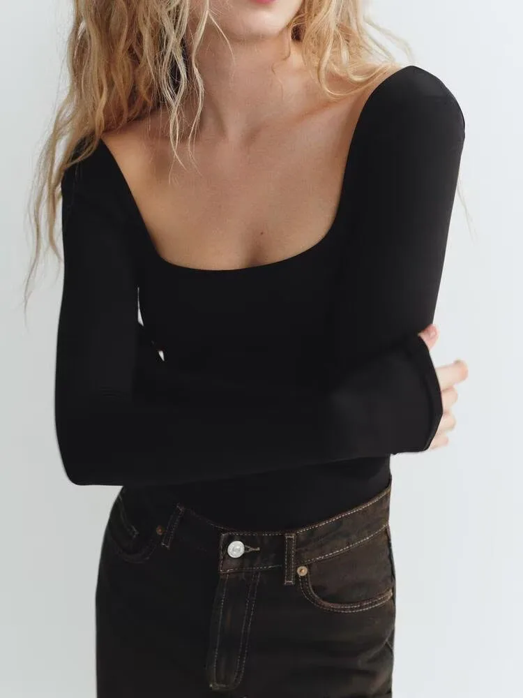 Spring New Arrival Women's Pure Color Elastic Slimming Long Sve Square Collar Comfortable One-Piece Suit ZA2025 5039386